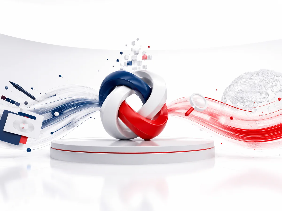 Interlocking navy, white and red rings on a studio podium, flanked by design tools and search motifs — design, development and visibility built as one piece.