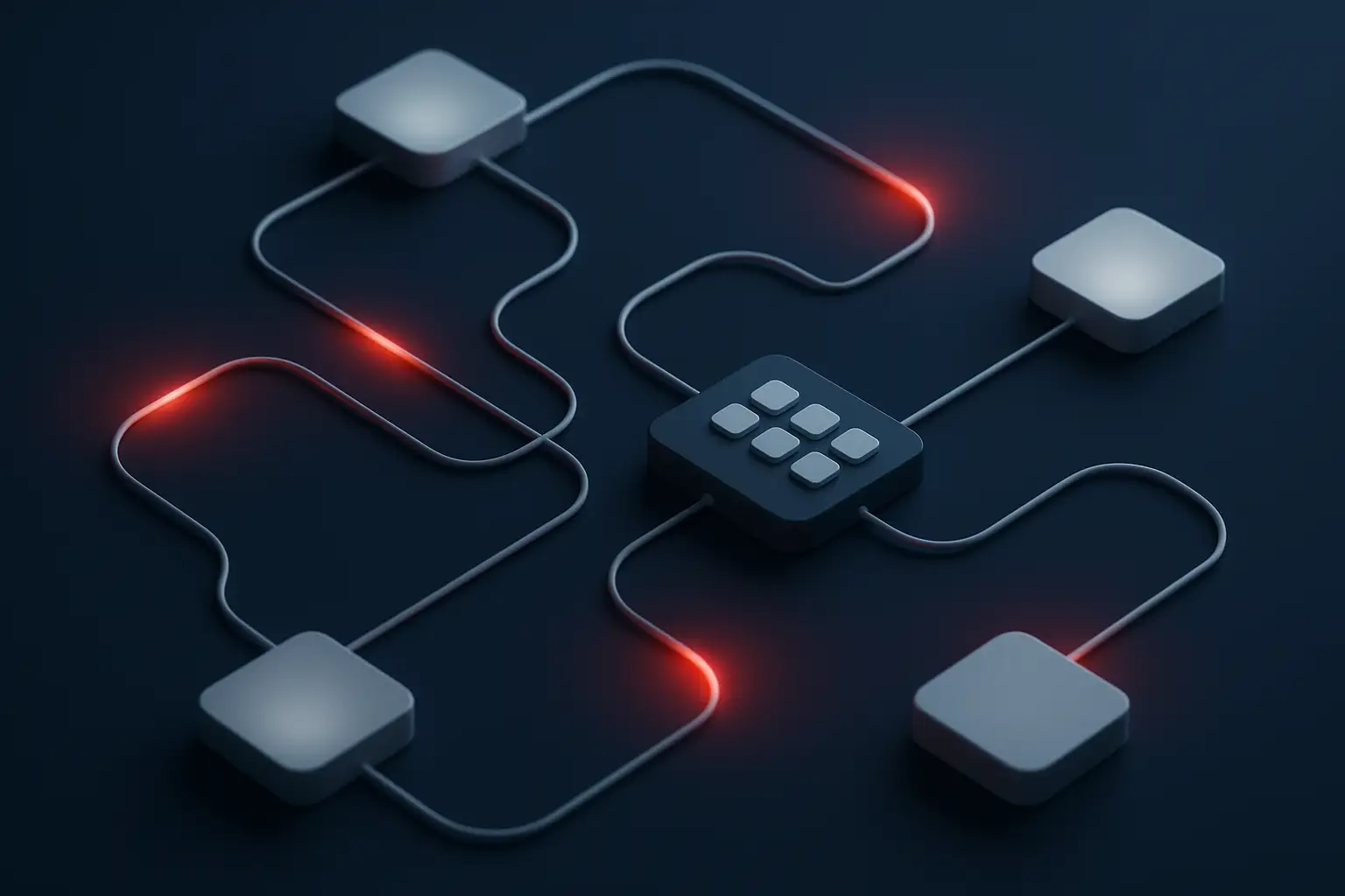 Abstract render of an automation pipeline connecting app tiles to a central hub