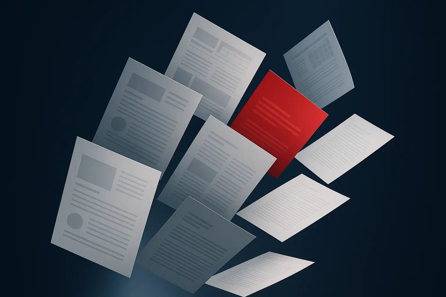 Abstract render of business documents fanned out with one highlighted in red