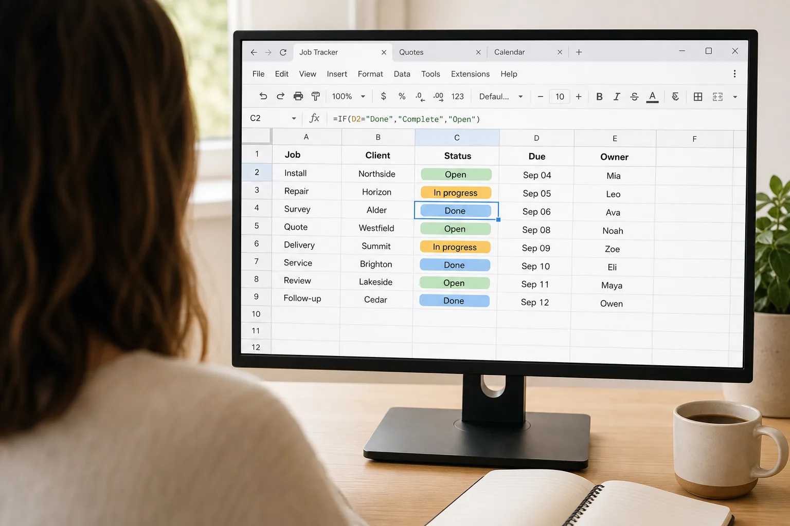 Someone working in a Google Sheets job tracker — a frozen header row, status chips and a formula in the formula bar