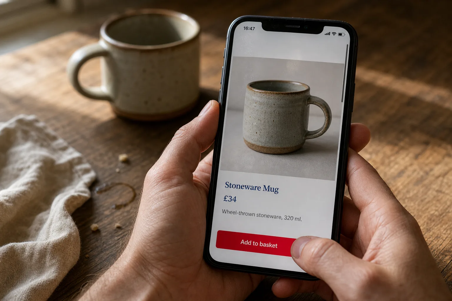 Hands holding a phone showing a stoneware mug product page — photo, title, price and an Add to basket button — with the same mug sitting on the table behind it