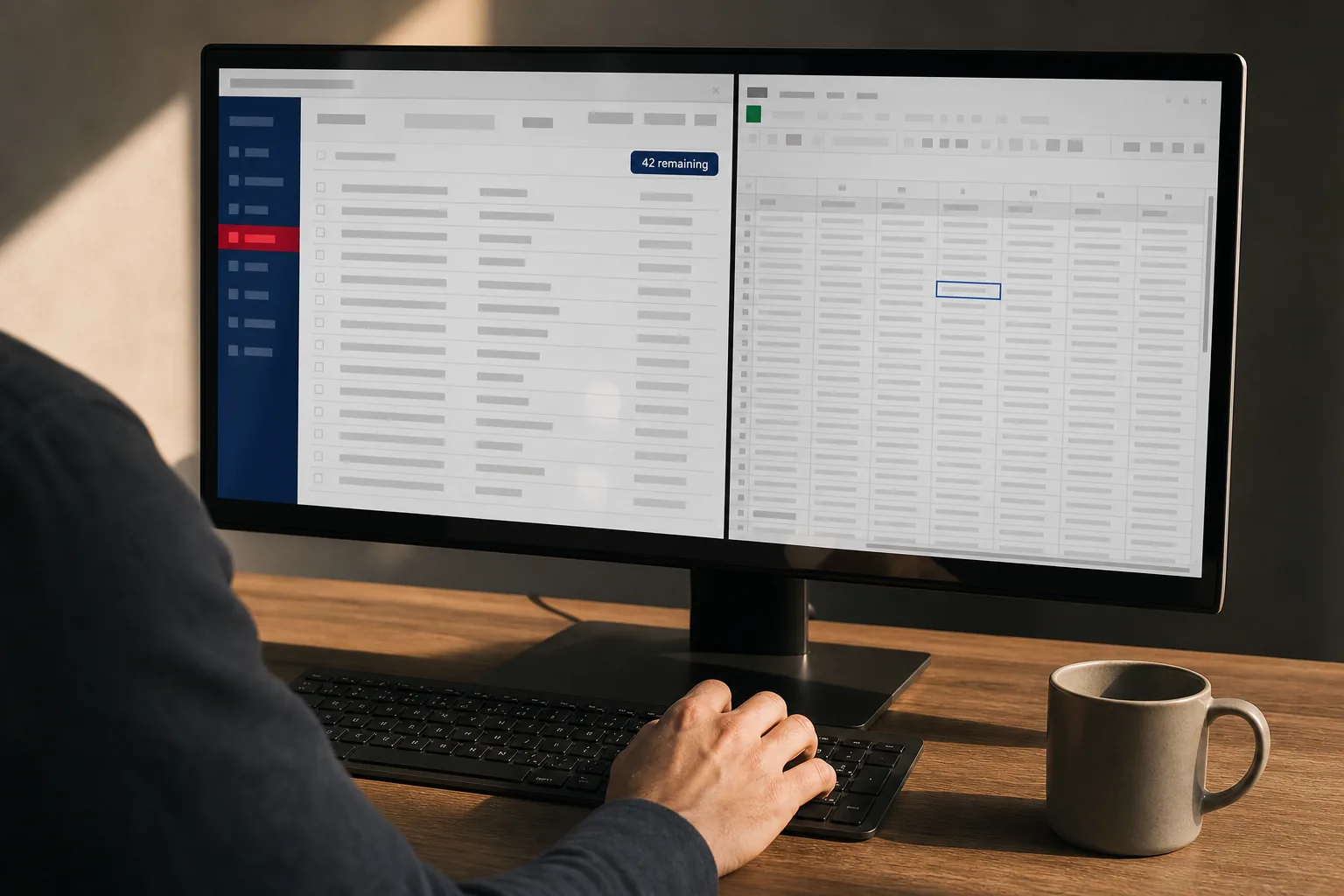 Two windows side by side — a queue labelled 42 remaining on the left being retyped row by row into a spreadsheet on the right
