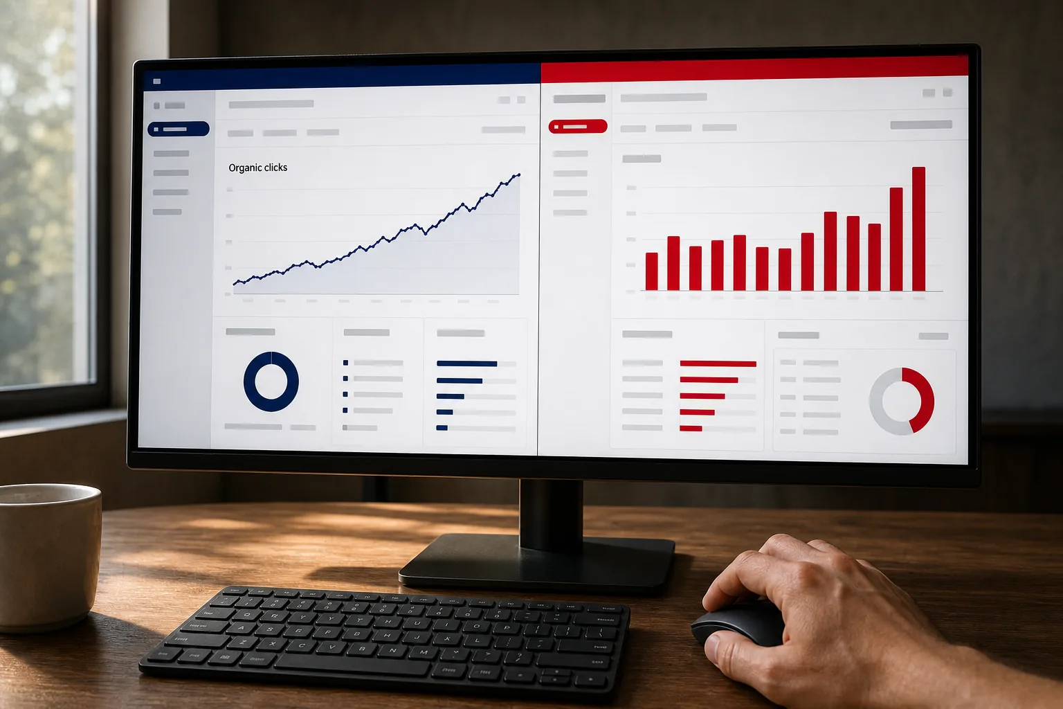 One monitor, two dashboards tiled side by side — organic clicks trending up in navy on the left, paid campaign bars in crimson on the right, a hand on the mouse