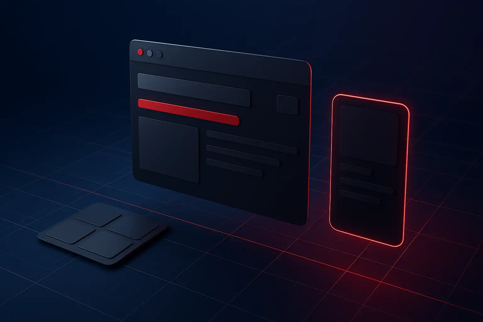 Abstract render of website and mobile interface panels on a grid