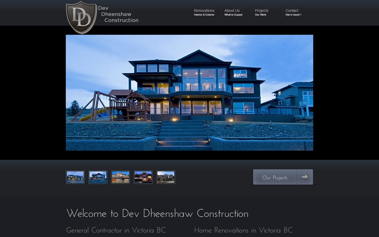 Dev Dheenshaw Construction's previous website — dark layout with a centered house photo and thumbnail gallery